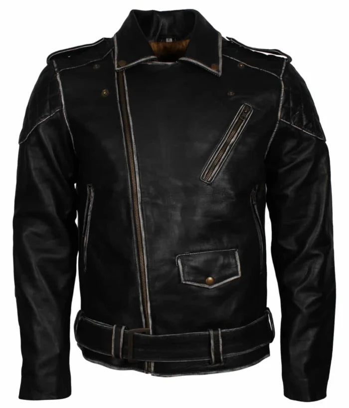 Men’s Distressed Quilted Black Leather Jacket