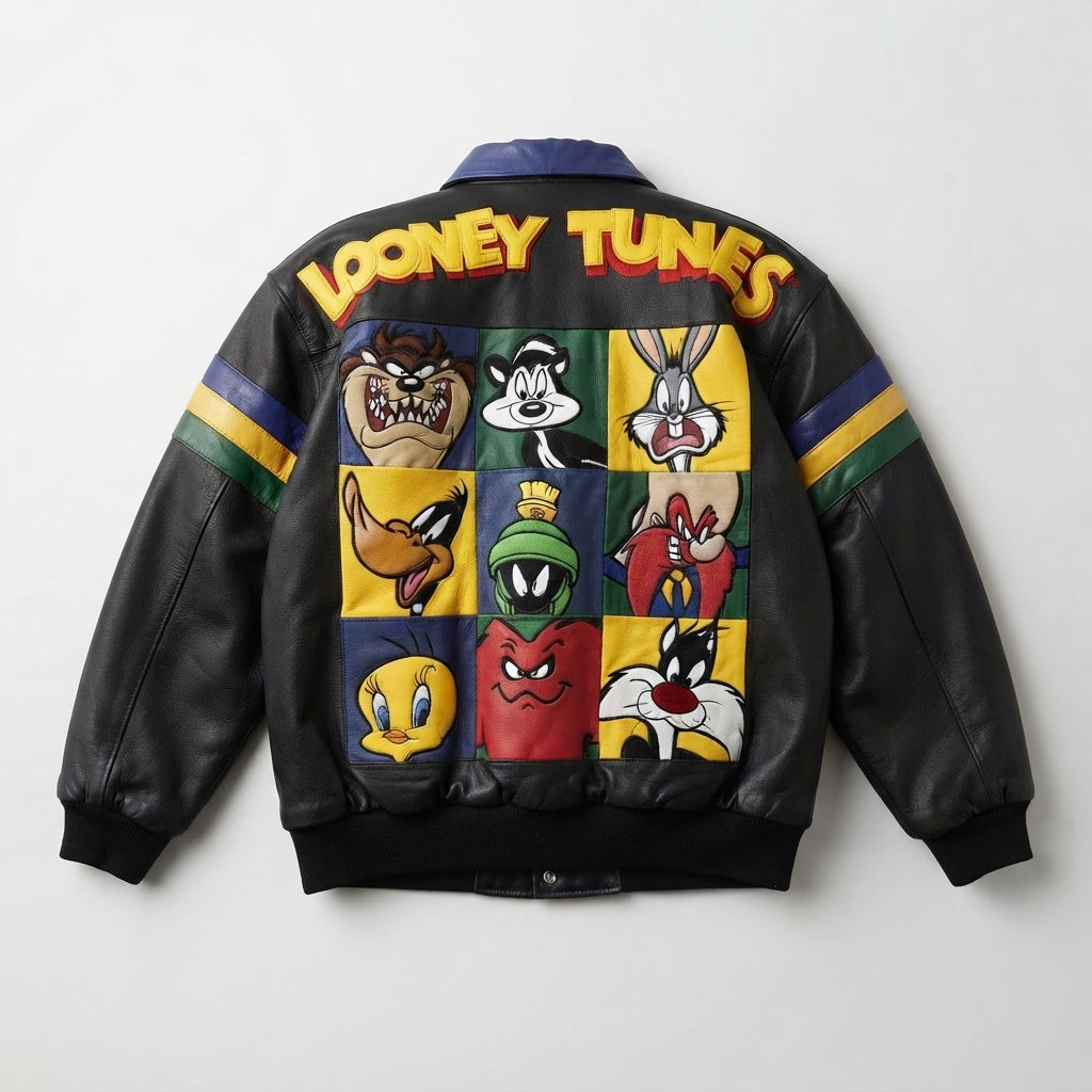 Vintage Looney Tunes Multi-Character Black Leather Bomber Jacket