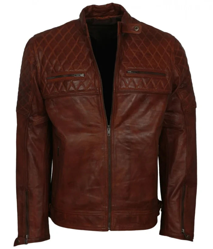 remium Diamond Quilted Brown Biker Jacket