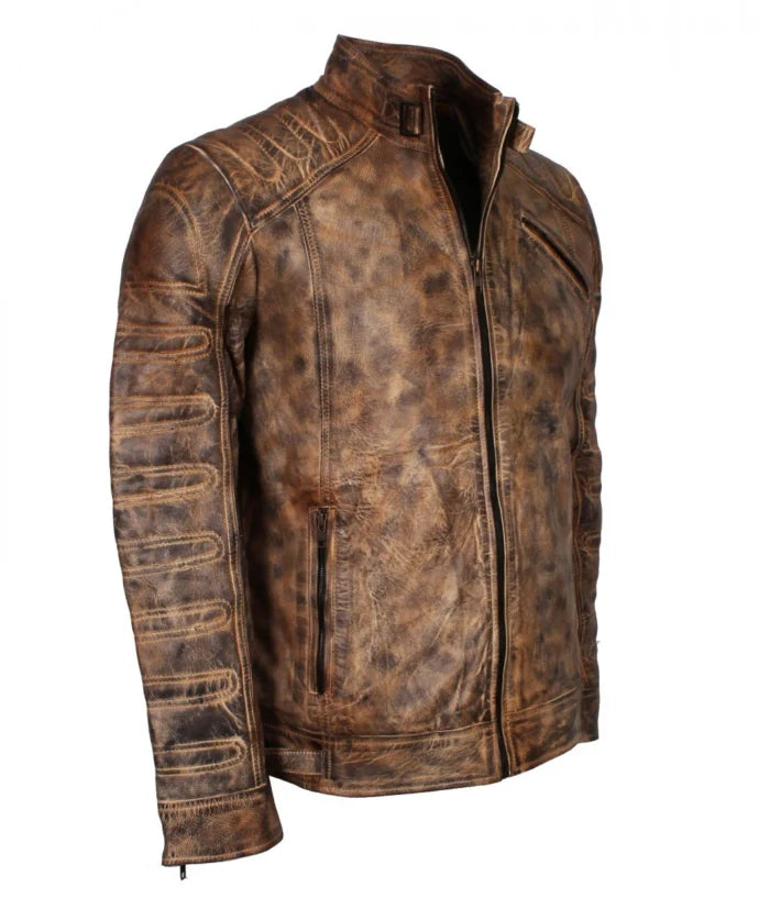 Padded Vintage Brown Waxed Leather Jacket