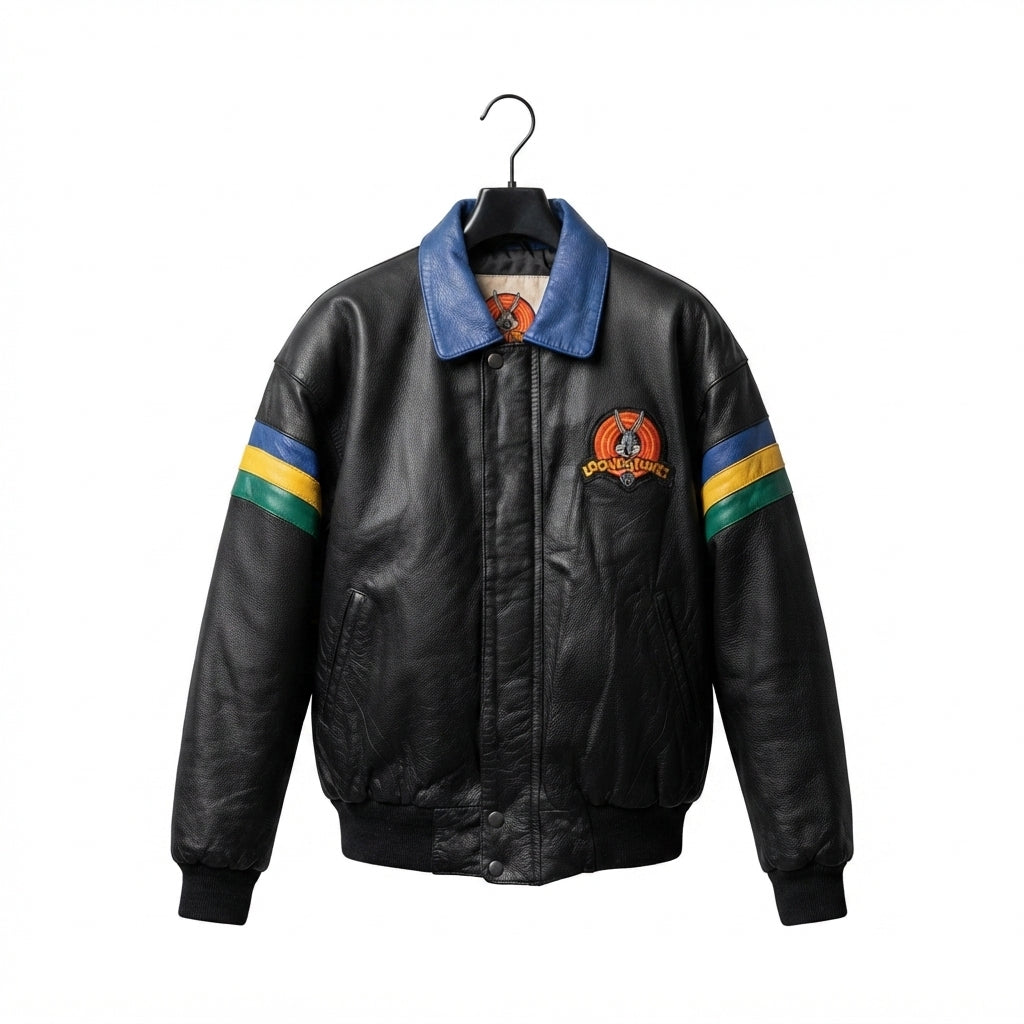 Vintage Looney Tunes Multi-Character Black Leather Bomber Jacket