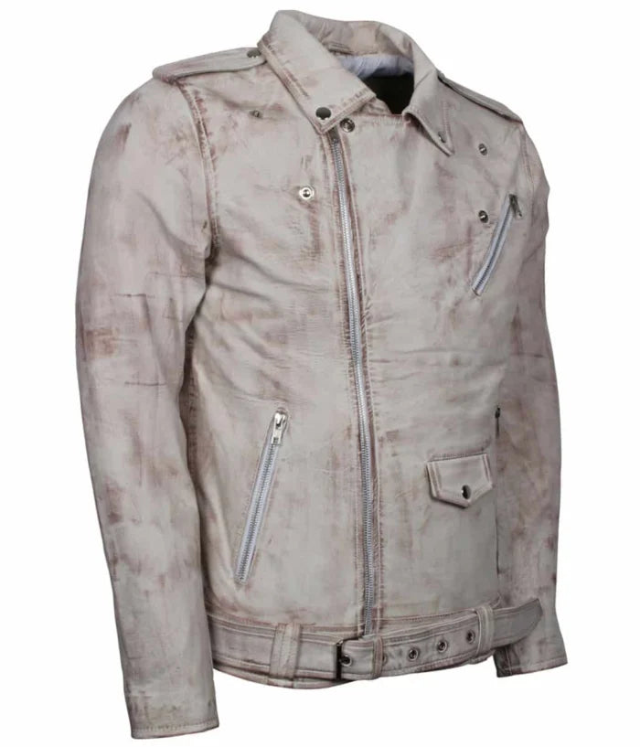 White Waxed Vintage Leather Biker Jacket for Men