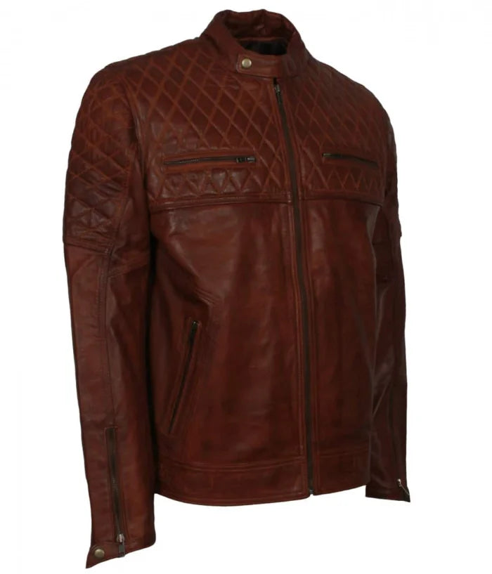 remium Diamond Quilted Brown Biker Jacket