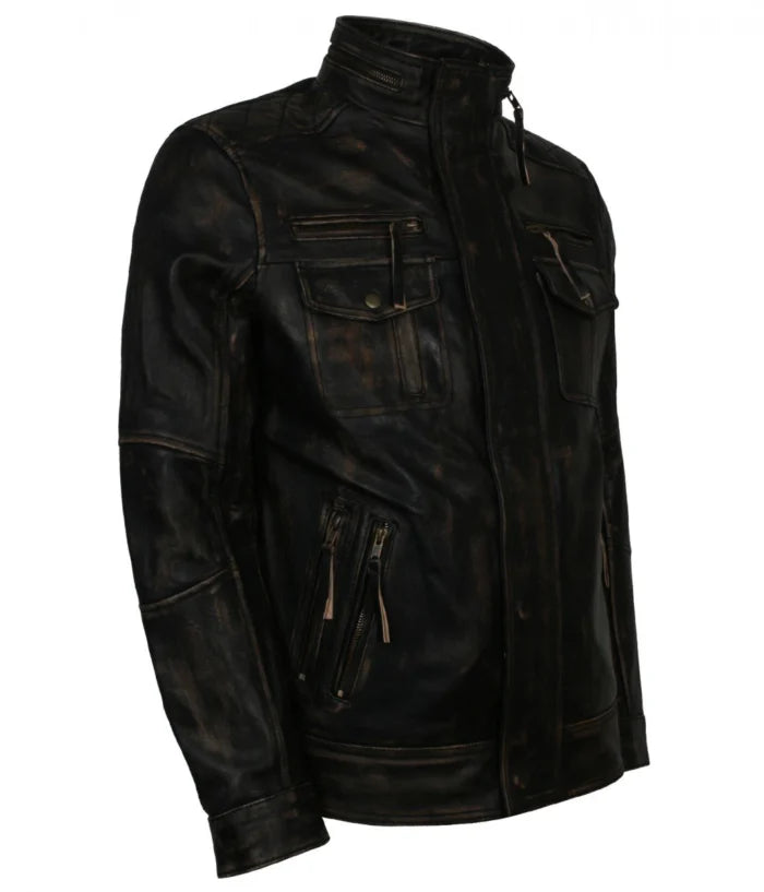 Mens Black Distressed Biker Jacket