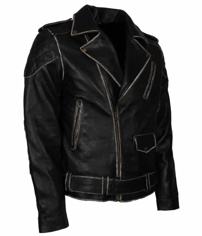 Distressed Black Leather Biker Jacket