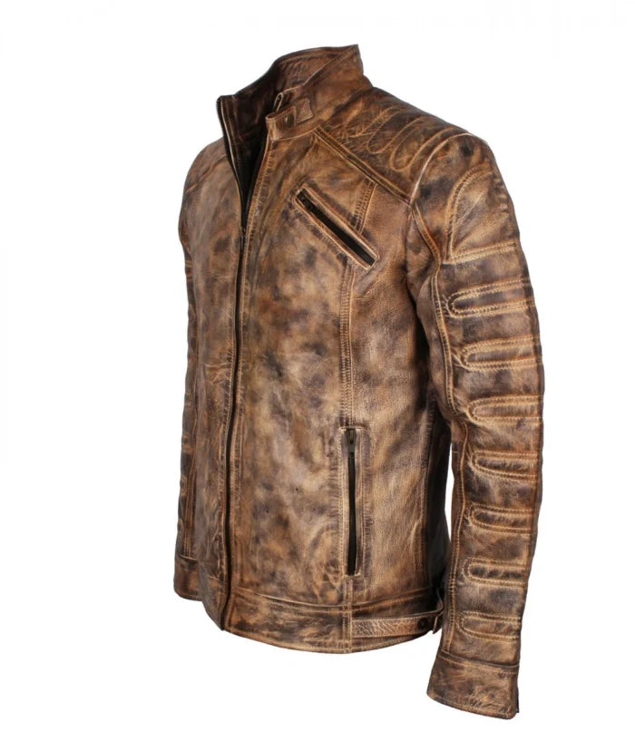 Padded Vintage Brown Waxed Leather Jacket