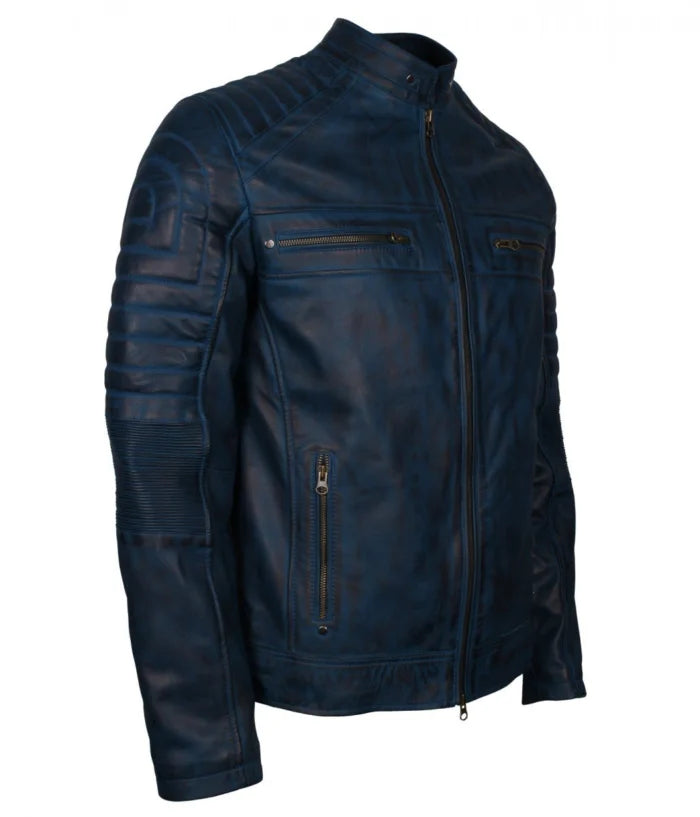 Men’s Blue Vintage Cafe Racer Genuine Leather Jacket