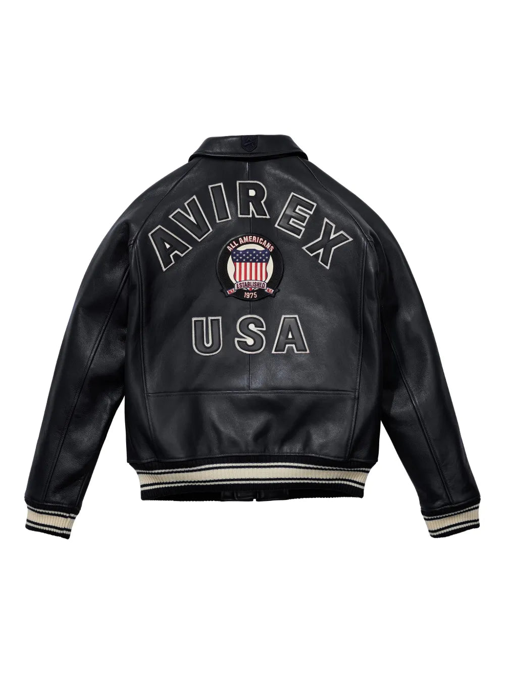 Men’s Avirex Leather Bomber Jacket – Red & Black American Crest Edition | Hollywood Jackets
