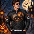Men’s Black Halloween Leather Biker Jacket – Pumpkin & Haunted Castle Design | Hollywood Jackets