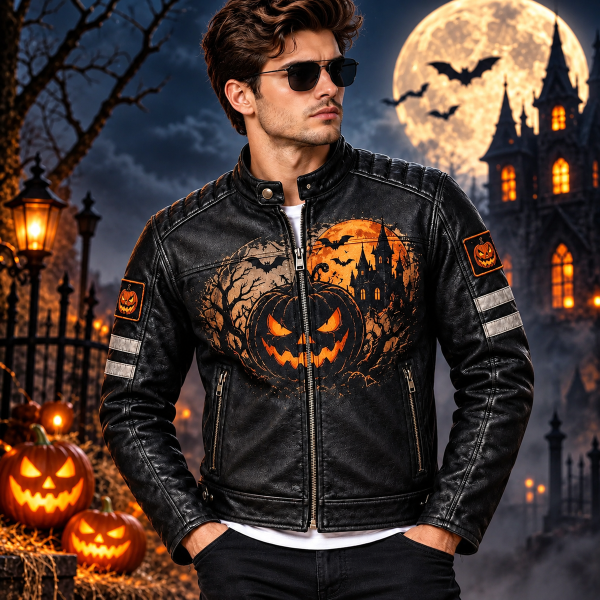 Men’s Black Halloween Leather Biker Jacket – Pumpkin & Haunted Castle Design | Hollywood Jackets