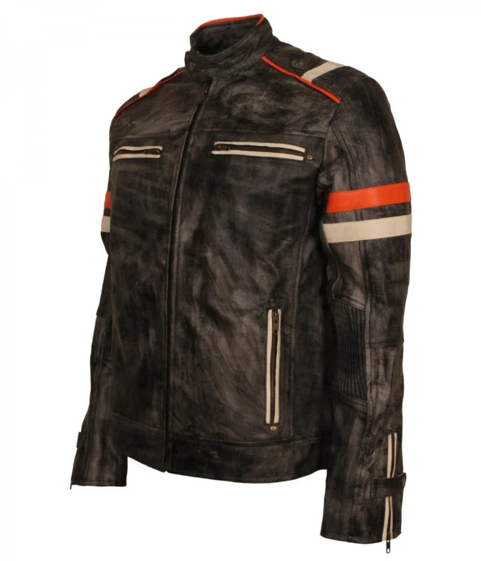 Retro Vintage Grey Distressed Leather Biker Jacket