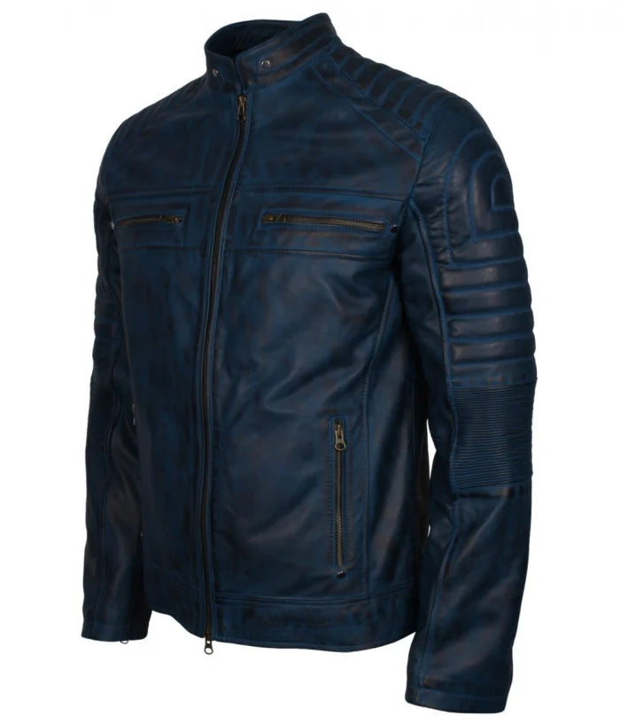 remium Men’s Blue Vintage Biker Jacket
