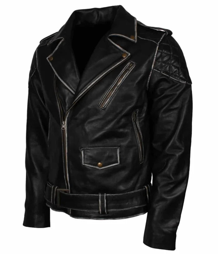 Men’s Distressed Quilted Black Leather Jacket