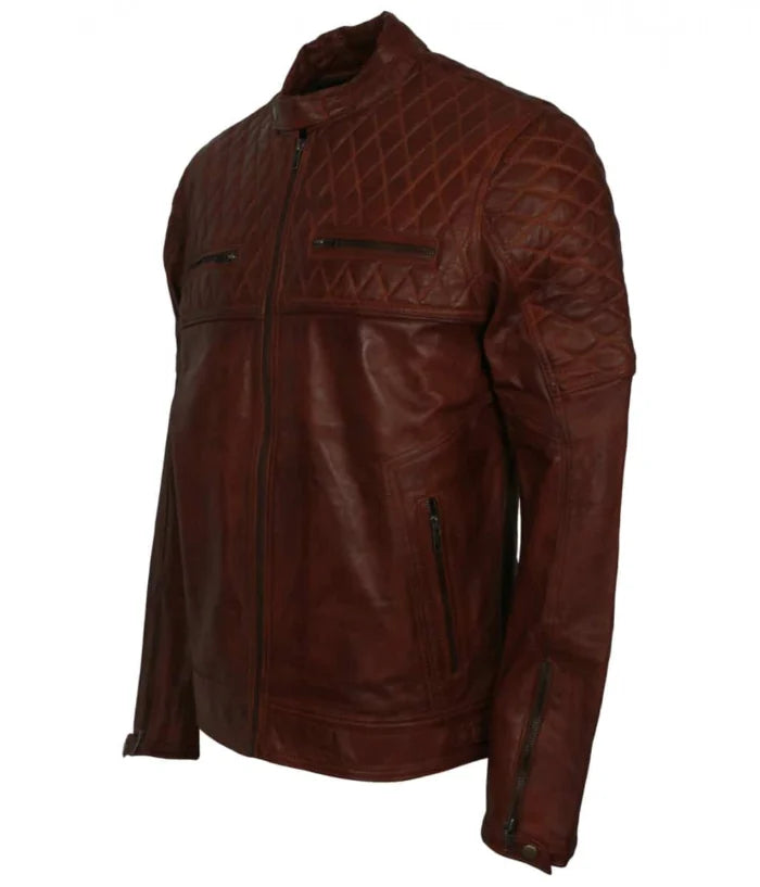 remium Diamond Quilted Brown Biker Jacket