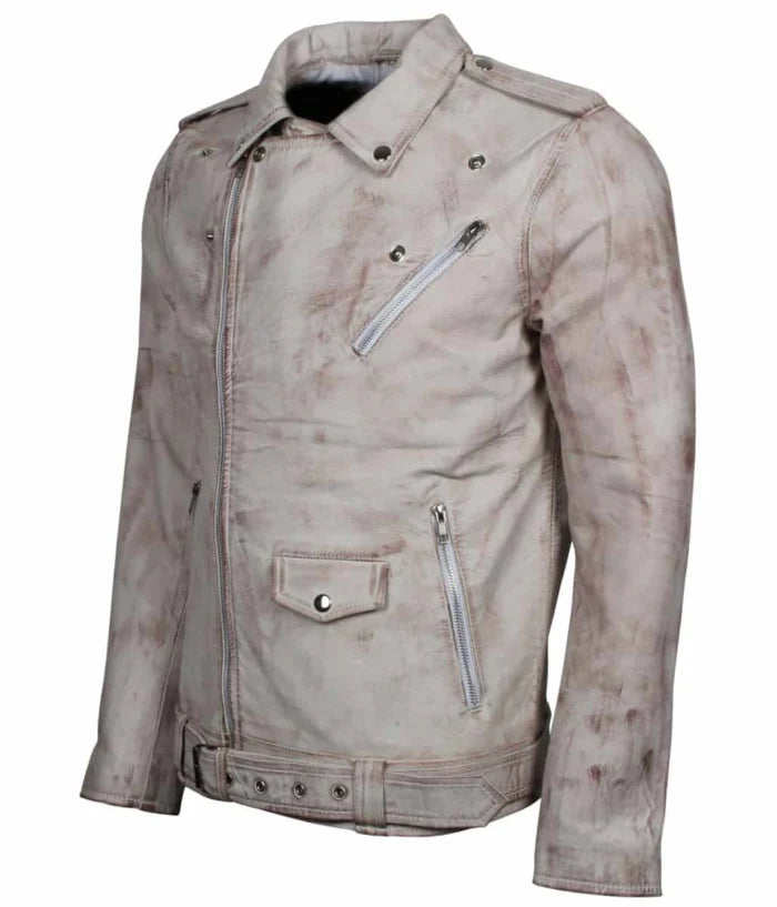 White Waxed Vintage Leather Biker Jacket for Men