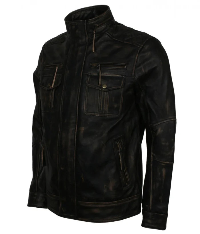Mens Black Distressed Biker Jacket