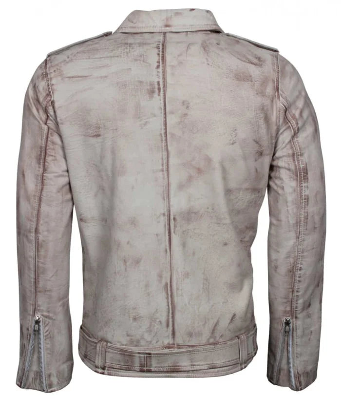 White Waxed Vintage Leather Biker Jacket for Men