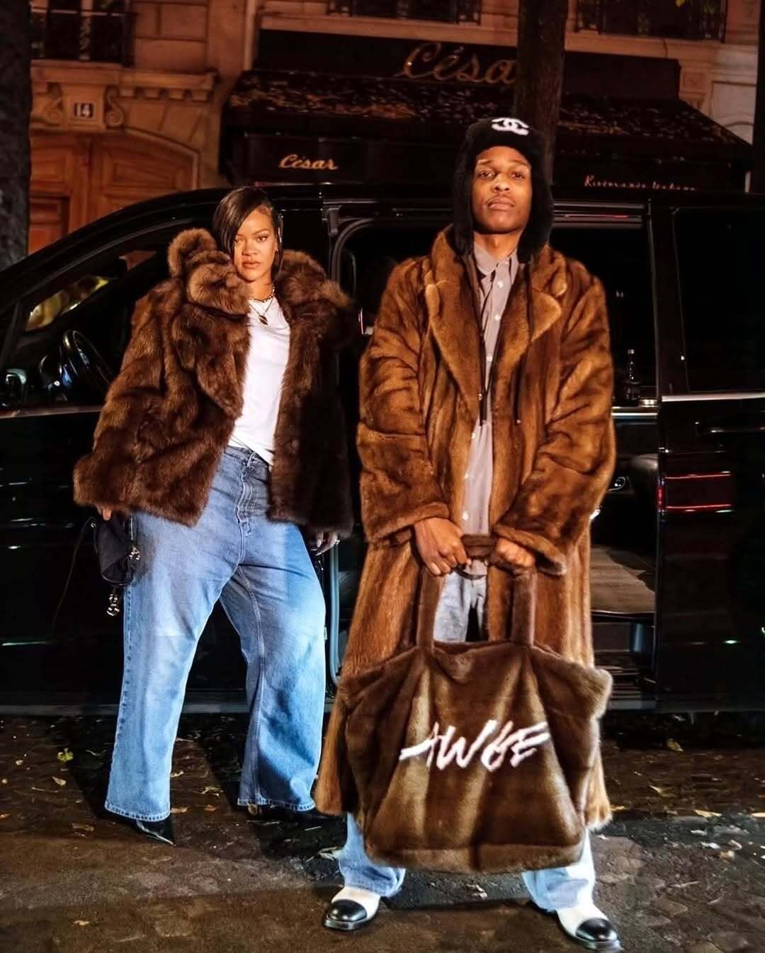 A$AP Rocky & Rihanna Style Unisex Luxury Brown Faux Fur Coat