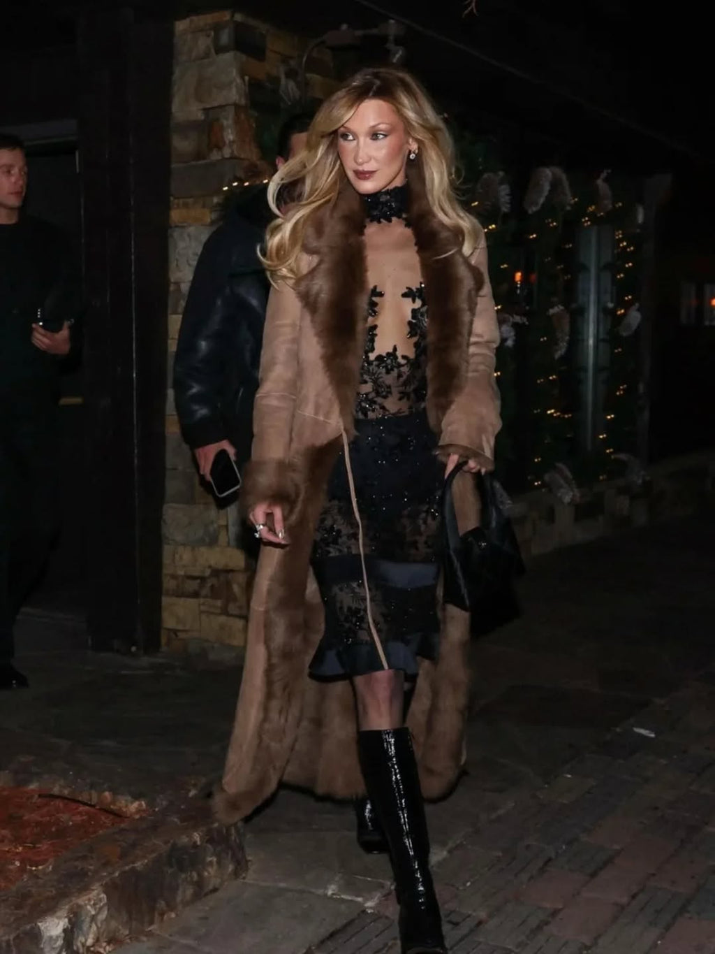 Bella Hadid Women's Brown Fur Collar Long Coat | Hollywood Jackets