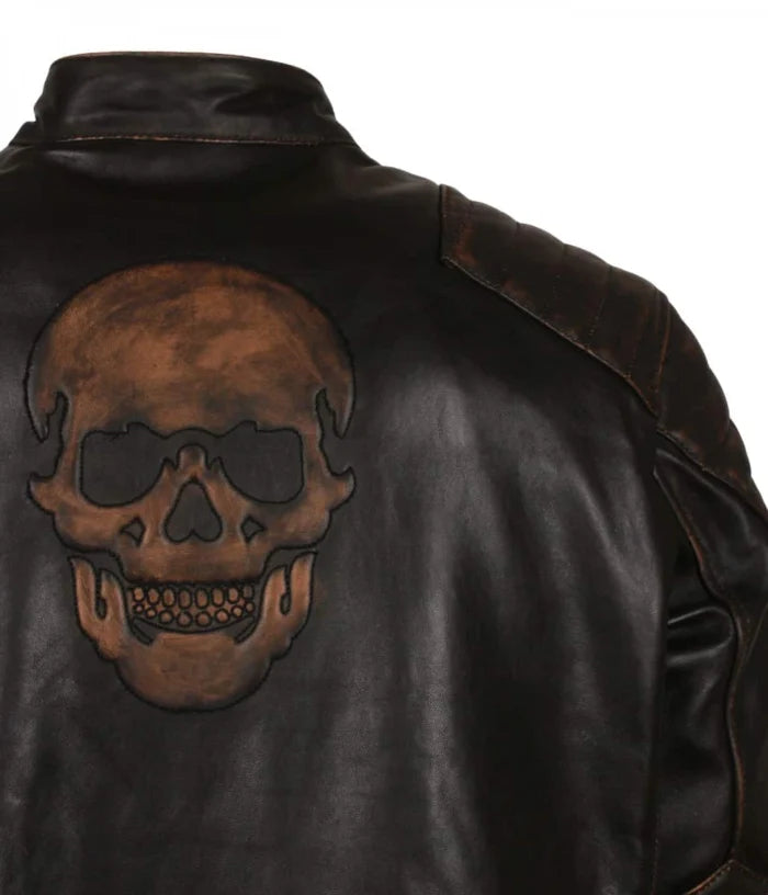 Quilted Men’s Skull Embossed Black Motorcycle Leather Jacket