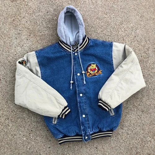 90s XXXTentacion Inspired Denim Hooded Varsity Jacket