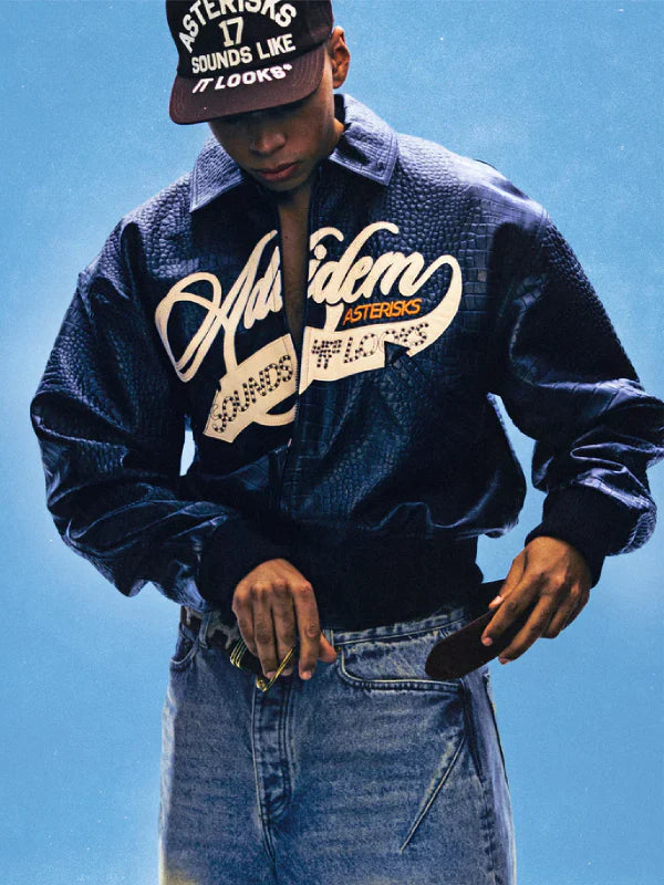 Adidem Asterisks Crocodile Cursive Leather Bomber Jacket