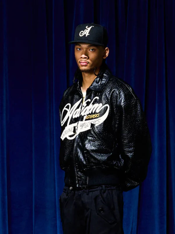 Adidem Asterisks Crocodile Cursive Leather Bomber Jacket