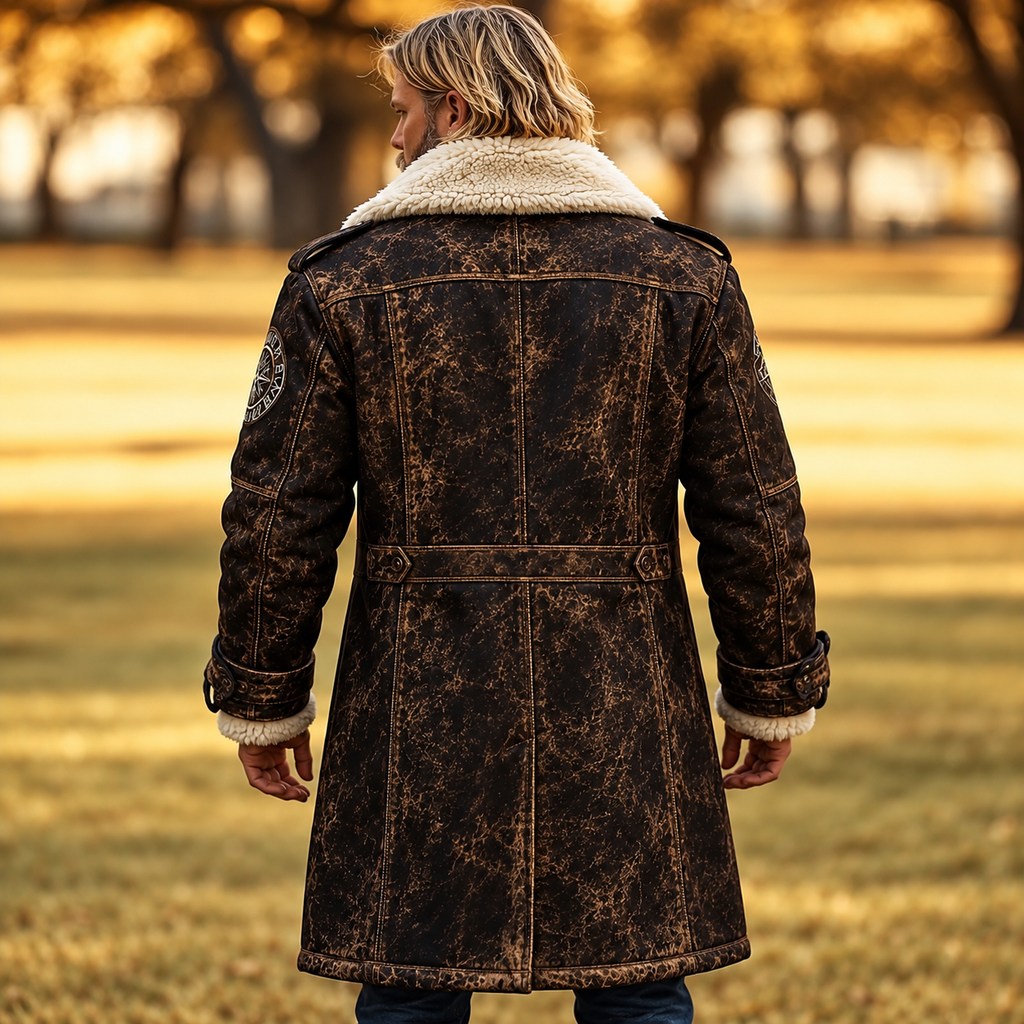Men’s Hollywood Jackets Distressed Brown Shearling Leather Long Coat