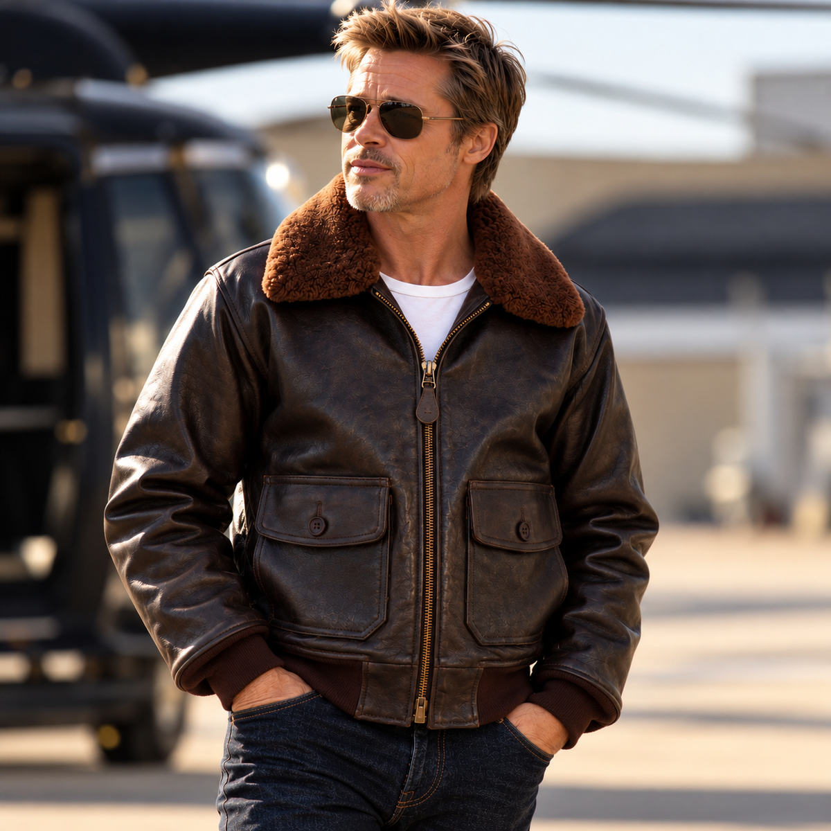 Men's Dark Brown Leather Bomber Jacket with Brown Shearling Collar – Hollywood Jackets