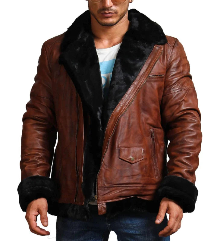 B3 Bomber Men Brown Vintage Fur Leather Jacket