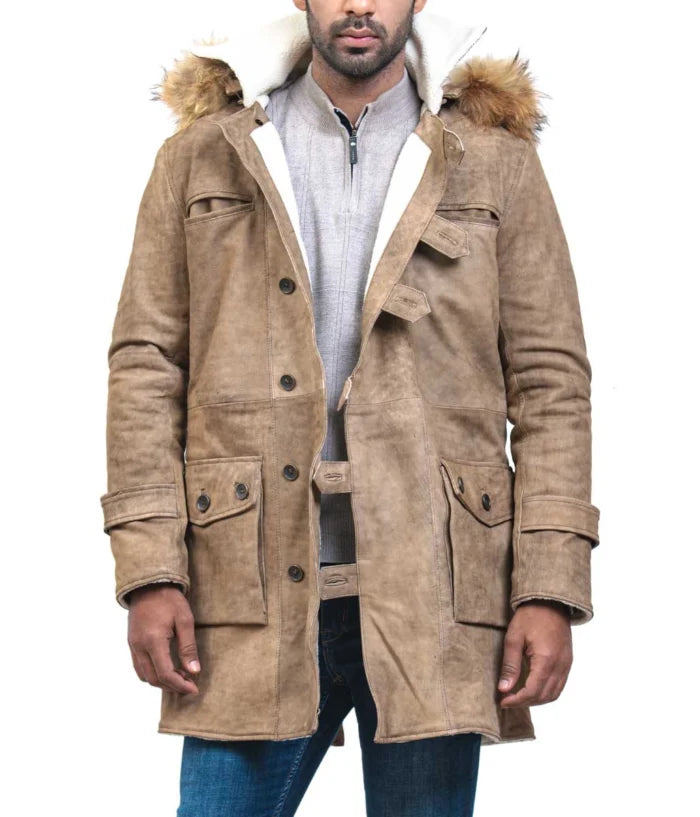 Luxury Long Leather Coat with Real Fox Fur Hood – Bane Inspired
