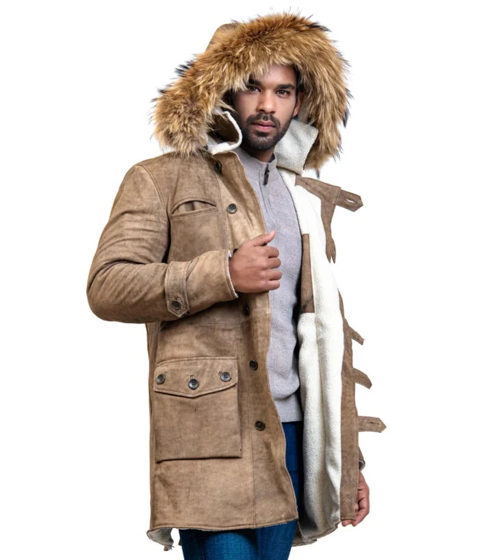 Luxury Long Leather Coat with Real Fox Fur Hood – Bane Inspired