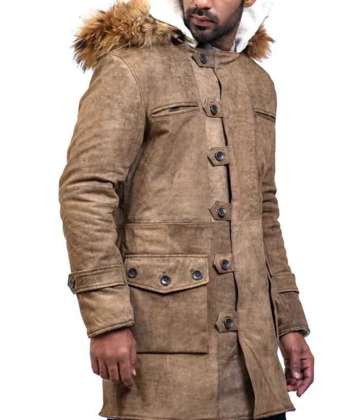 Luxury Long Leather Coat with Real Fox Fur Hood – Bane Inspired