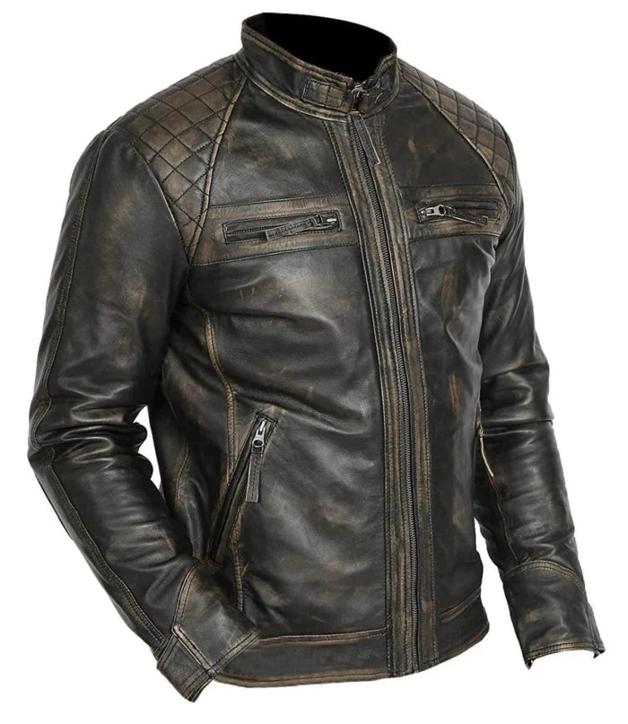 Men Distressed Cow Men Motorcycle Leather Jacket