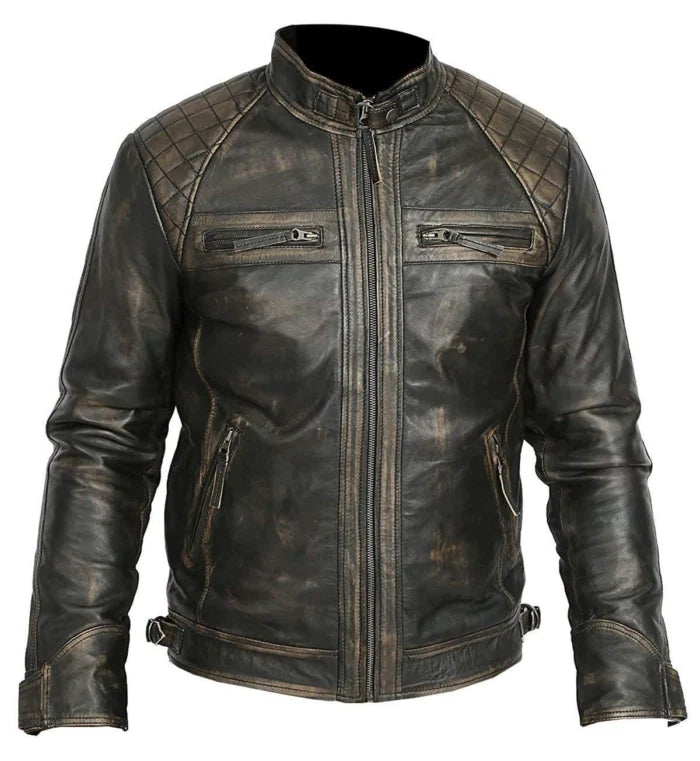 Men Distressed Cow Men Motorcycle Leather Jacket