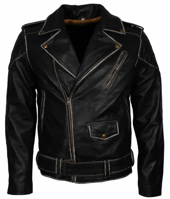 Distressed Black Leather Biker Jacket