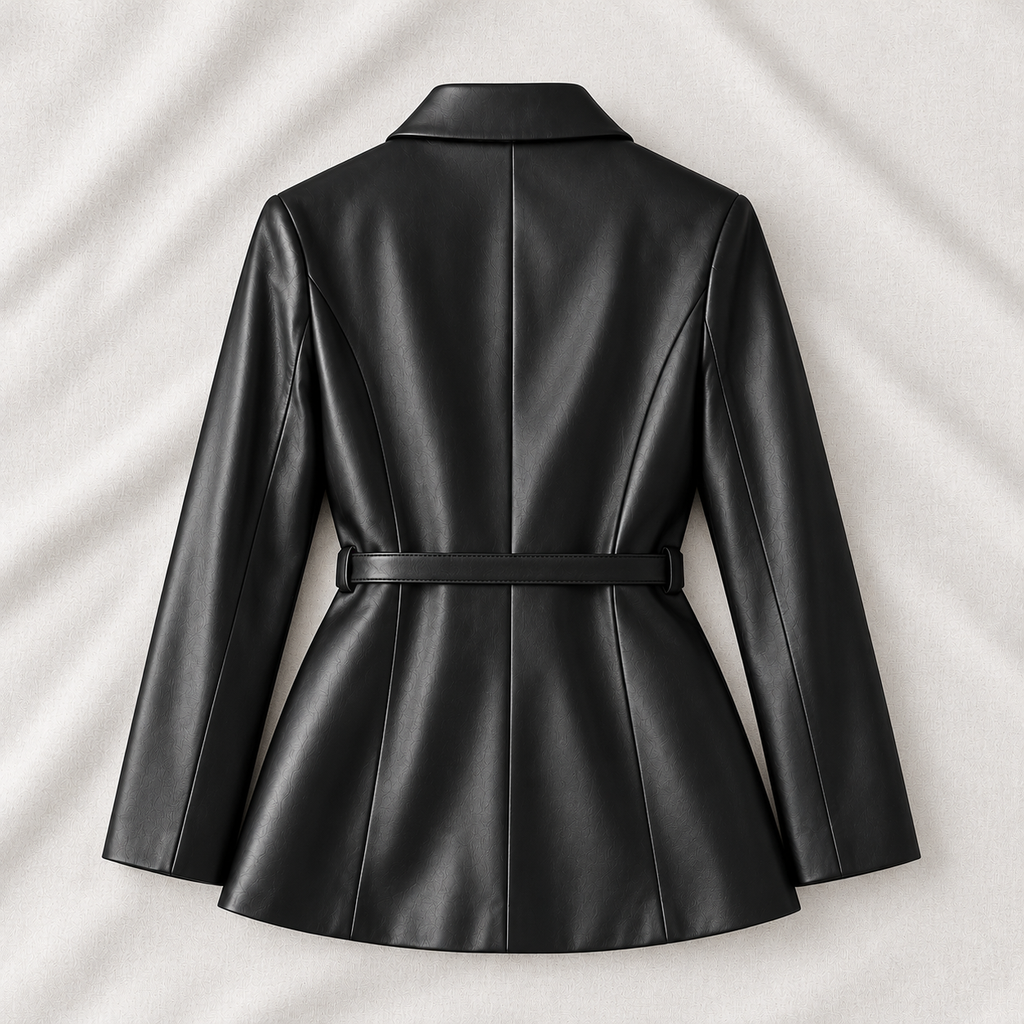 Hollywood Jackets Women’s Black Belted Double-Breasted Leather Blazer