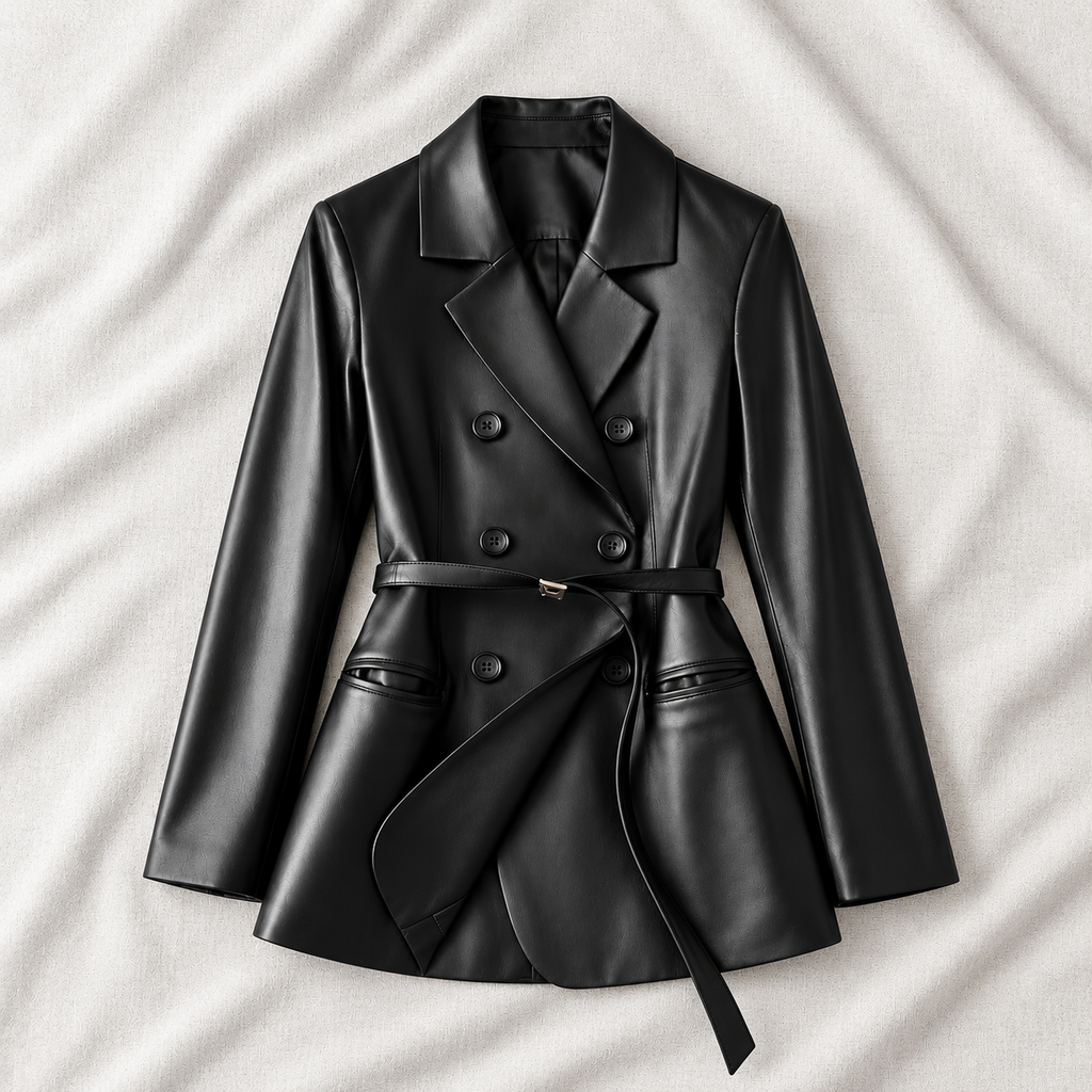 Hollywood Jackets Women’s Black Belted Double-Breasted Leather Blazer