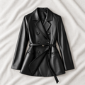 Hollywood Jackets Women’s Black Belted Double-Breasted Leather Blazer