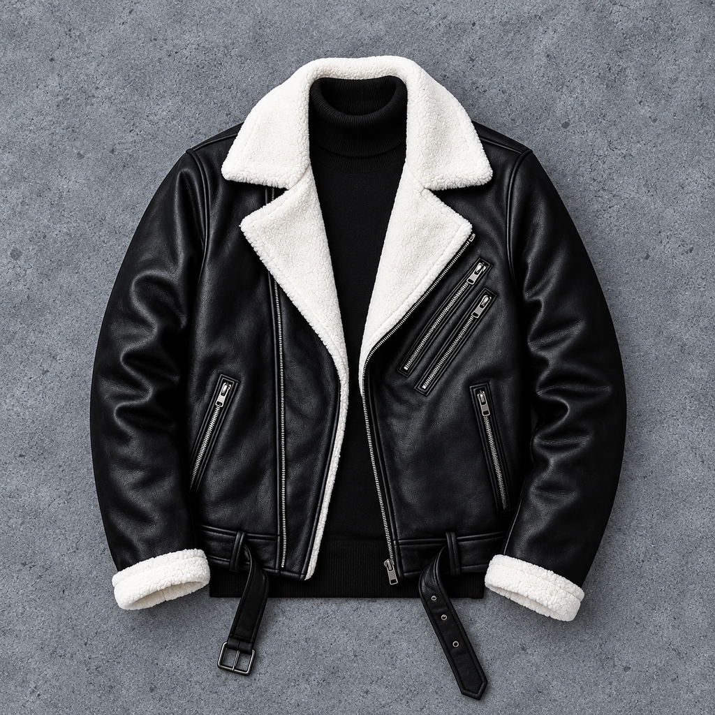Hollywood Jackets Men’s Black Leather Shearling Aviator Jacket