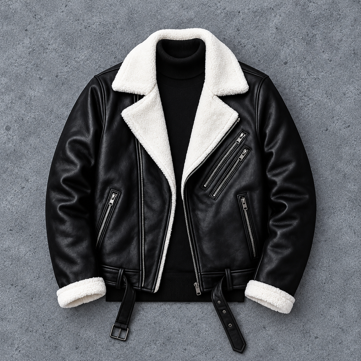 Hollywood Jackets Men’s Black Leather Shearling Aviator Jacket
