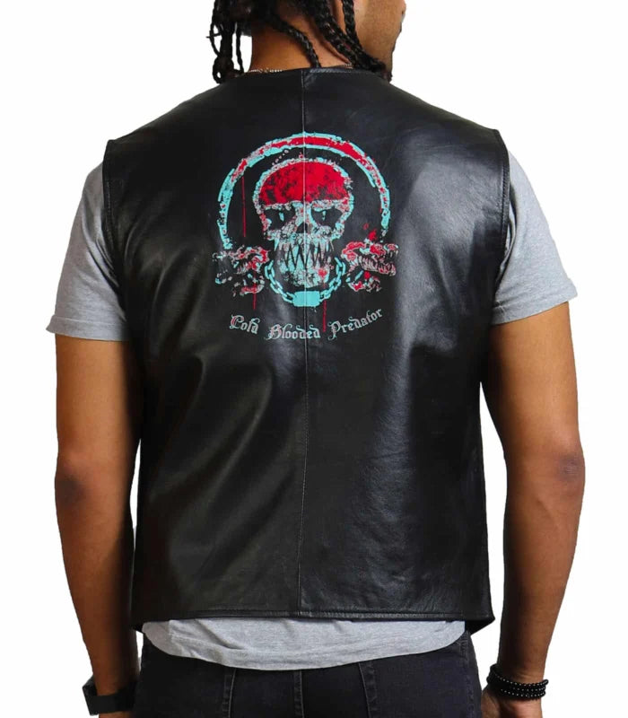 Blood Skull Printed Men’s Black Leather Vest