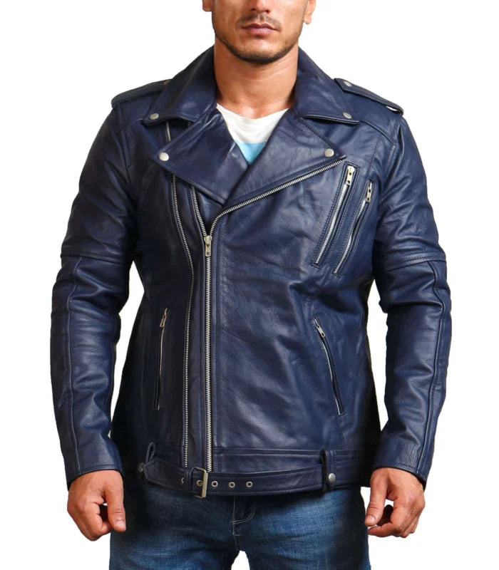 Double Zipper Brando Blue Motorcycle Leather Jacket