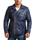 Double Zipper Brando Blue Motorcycle Leather Jacket - photo 3