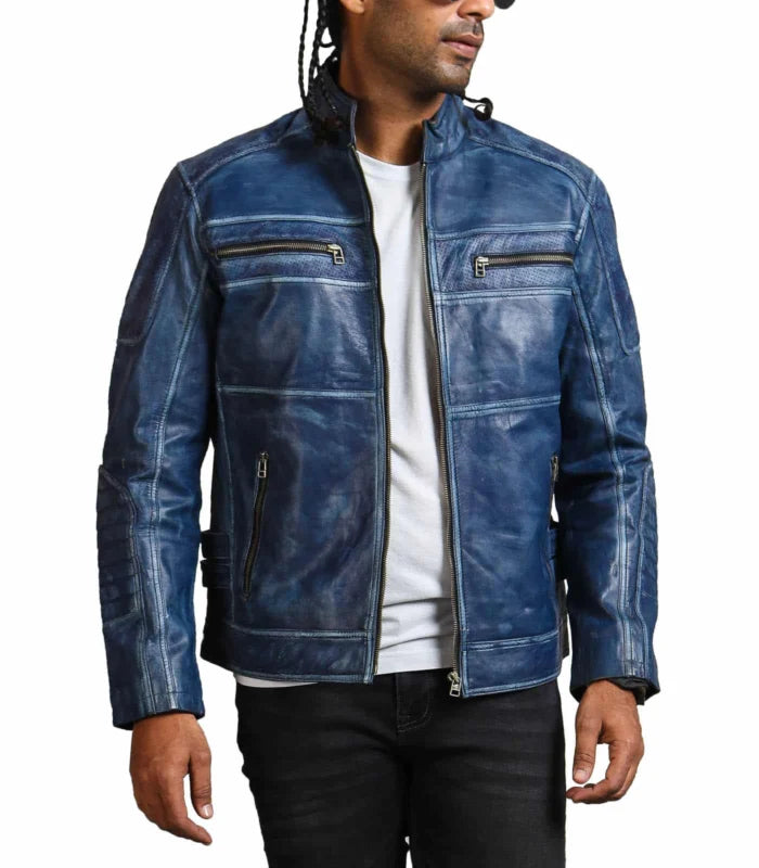 Classic Blue Cafe Racer Leather Jacket – Men’s