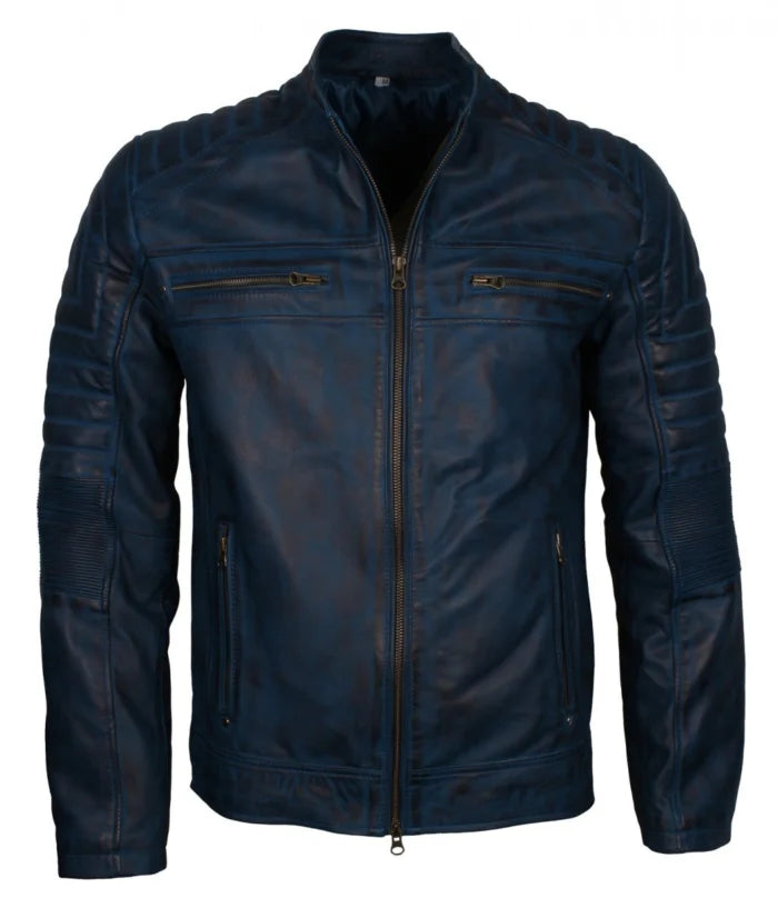 Men’s Blue Vintage Cafe Racer Genuine Leather Jacket
