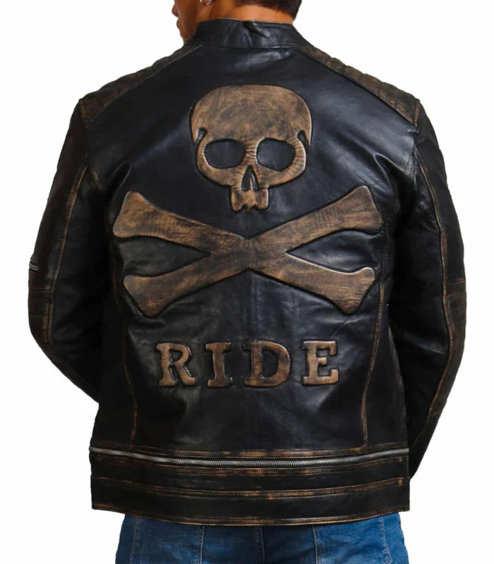 Bones and Skull Black Zipper Biker Leather Jacket