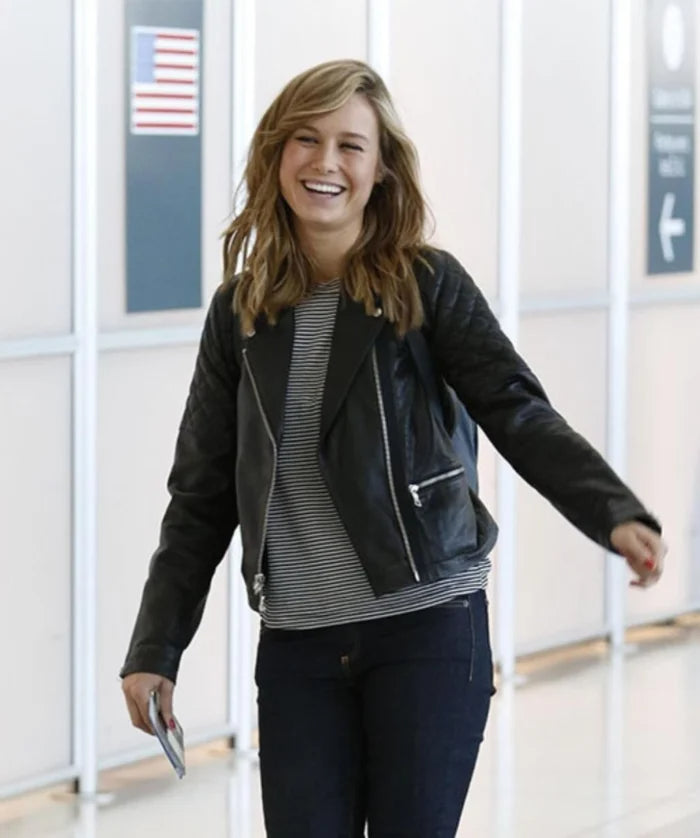 Hollywood jackets Brie Larson Black Quilted Shoulders Leather Jacket