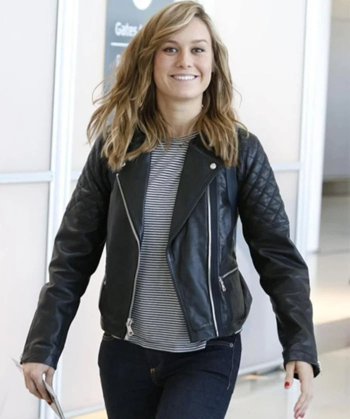 Hollywood jackets Brie Larson Black Quilted Shoulders Leather Jacket