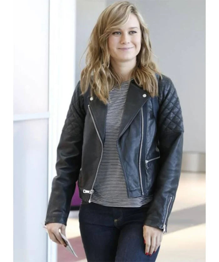 Hollywood jackets Brie Larson Black Quilted Shoulders Leather Jacket